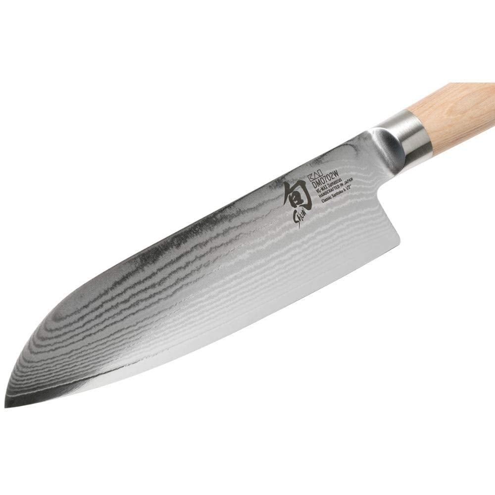 Shun - Cuchillo santoku clásico de 7 pulgadas, cuchillo japonés hecho a mano, núcleo VG-MAX con revestimiento de acero inoxidable Damasco, mango Pakkawood, versátil herramienta de corte japonesa