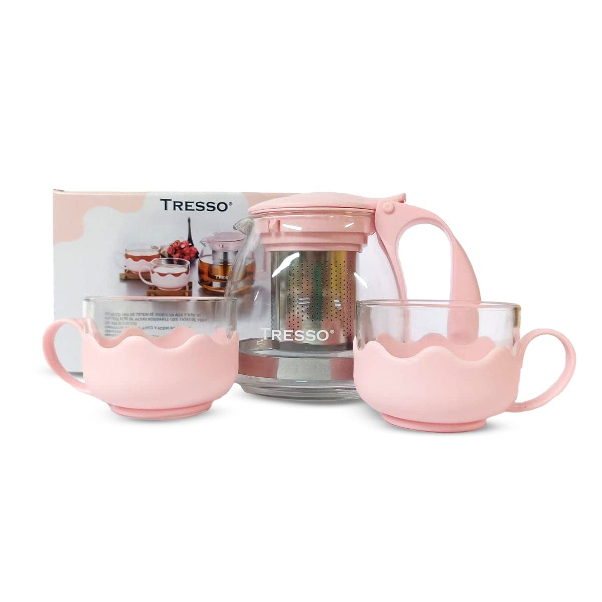 TRESSO Set de tetera de cristal de 700ml con 2 tazas de 150ml cada una, Color Rosa