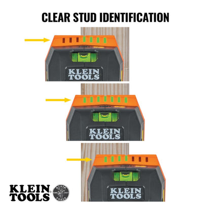 Klein Tools ESF150LL - Buscador electrónico de pernos con láser de línea cruzada, nivel de burbuja, clase láser 3R; ≤5 mW; 15 pies en todas las direcciones, para pernos de madera y metal, alerta LED y