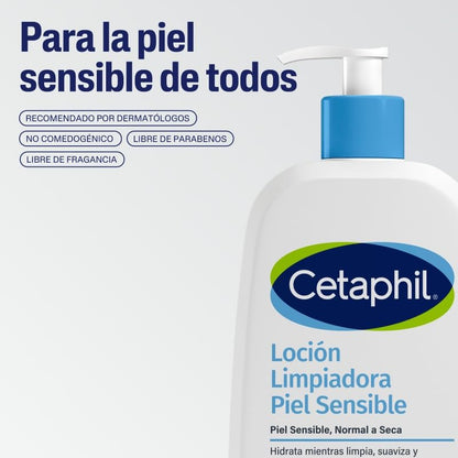Cetaphil Loción Limpiadora Facial Corporal Piel Sensible y Seca 473 ml | Limpia e hidrata hasta 48 h, remueve maquillaje e impurezas, preserva humectación con niacinamida B3, pantenol y glicerina.