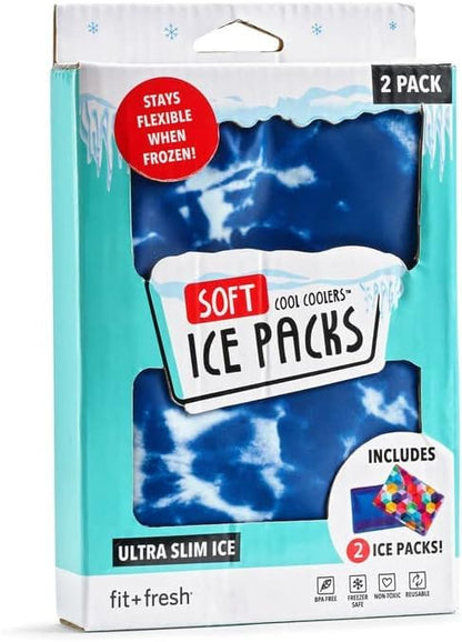 Cool Coolers by Fit & Fresh - Paquete de 2 unidades de hielo suave, nailon elástico flexible, bolsas de hielo reutilizables para loncheras y enfriadores, tinte azul Tye
