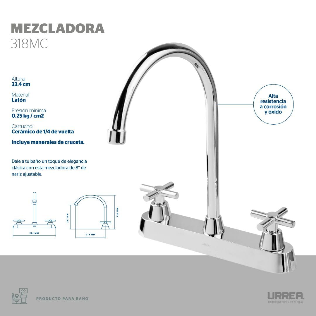 Urrea Mezcladora de 8" con Manerales de Cruceta, Acabado Cromo, 318MC
