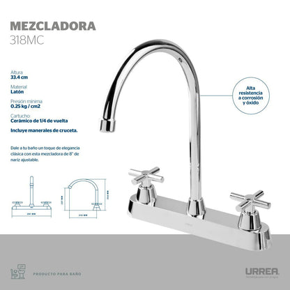 Urrea Mezcladora de 8" con Manerales de Cruceta, Acabado Cromo, 318MC