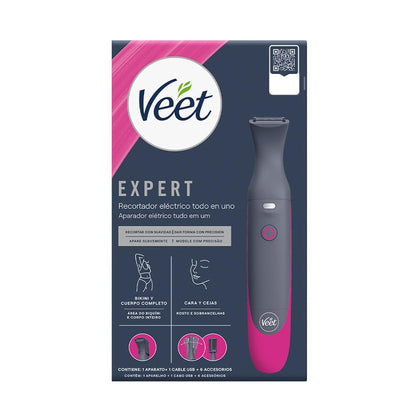 Veet® Expert Recortador Eléctrico todo en uno para mujer | Recortador de vello eléctrico para zona de bikini, cara y cejas | Recargable con carga USB y accesorios | 100% resistente al agua