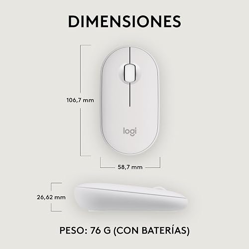 Logitech Pebble Mouse 2 M350s, estilizado Mouse inalámbrico Bluetooth, Ligero, Personalizable, clicks discretos, Easy-Switch, Windows, macOS, iPadOS, Android, ChromeOS - Blanco