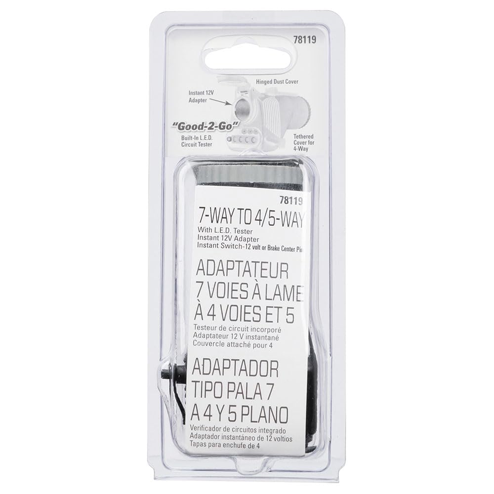 Reese Towpower 78119 Adaptador de cableado, Plano de 7 vías a 5 vías y 4 vías, con Adaptador de probador LED Integrado de Toma de Corriente de 12 V
