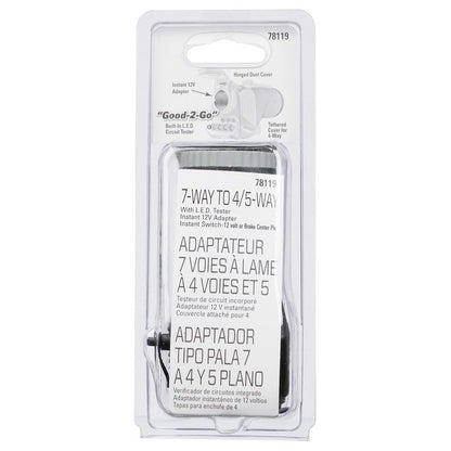 Reese Towpower 78119 Adaptador de cableado, Plano de 7 vías a 5 vías y 4 vías, con Adaptador de probador LED Integrado de Toma de Corriente de 12 V