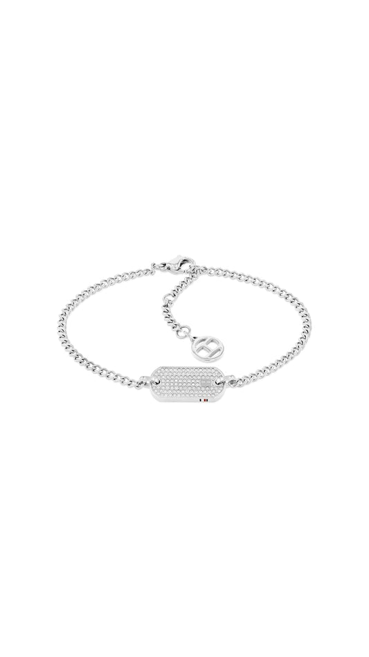 Tommy Hilfiger - Pulsera para Mujer 2780863 - Acero Inoxidable con Cristales Pavé - Diseño de Cadena con Placa de Identificación y Cierre de Langosta