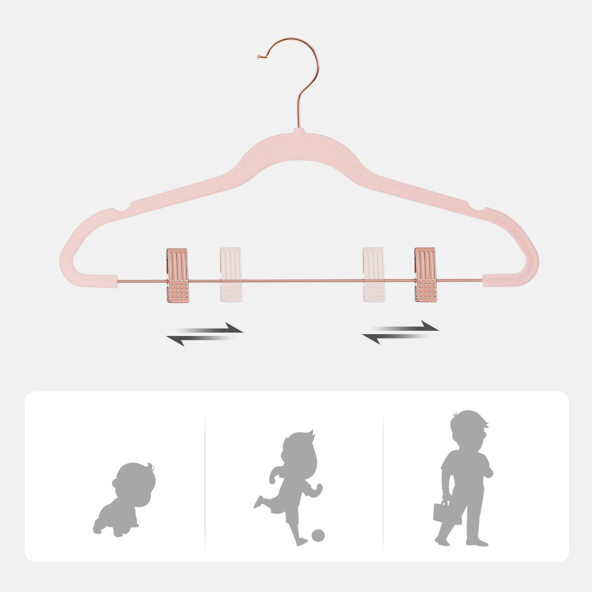 SONGMICS Juego de 24 Perchas de Terciopelo para Pantalones de 16,7 Pulgadas, Clips móviles, Antideslizantes, ahorradores de Espacio, Rosa Claro