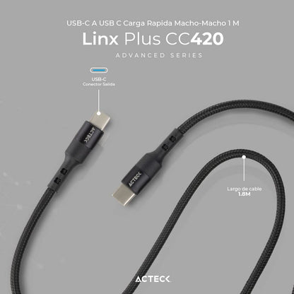 Cable USB C a USB C Linx Plus CC420 / Carga Ultra Rápida + Hasta 60W 1Mt Nylon Trenzado + Macho a Macho Negro Advanced Series