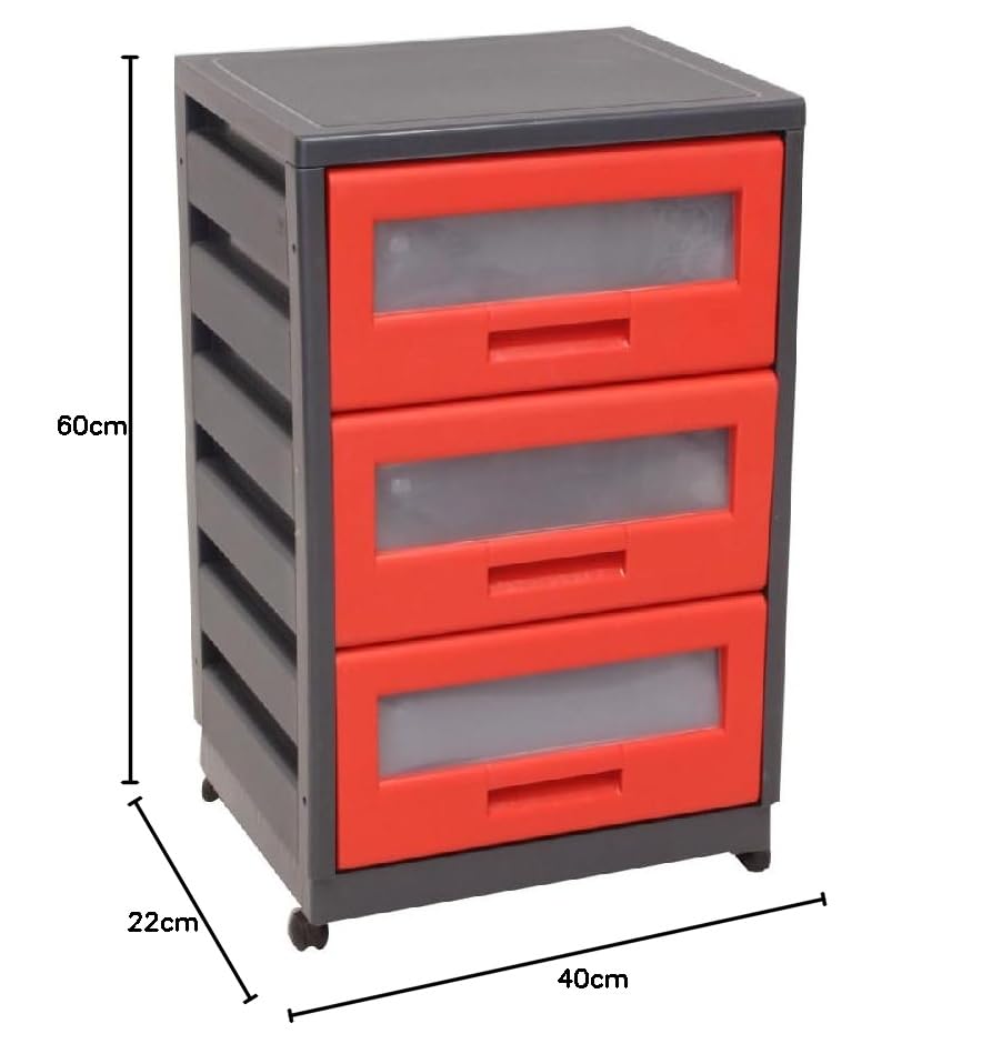 Italhome Mueble De Plástico En Color Negro Rojo Con 3 Cajones, Cajonera Organizador Multiusos Con Ruedas Piave