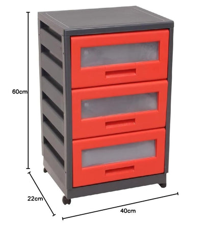 Italhome Mueble De Plástico En Color Negro Rojo Con 3 Cajones, Cajonera Organizador Multiusos Con Ruedas Piave