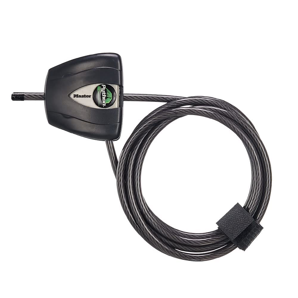 Master Lock Candado de cable, 6' x 3/16" diameter, Negro y plateado | Cerradura de cable con llave ajustable hecha con acero trenzado, bloqueo resistente al óxido y cable recubierto de vinilo