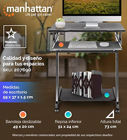 Manhattan 207690 Escritorio Compacto para computadora, con Bandeja deslizable para Teclado, Escritorio Compacto, repisa para computadora de Torre, Bandeja deslizable, Cuatro Ruedas, Negro