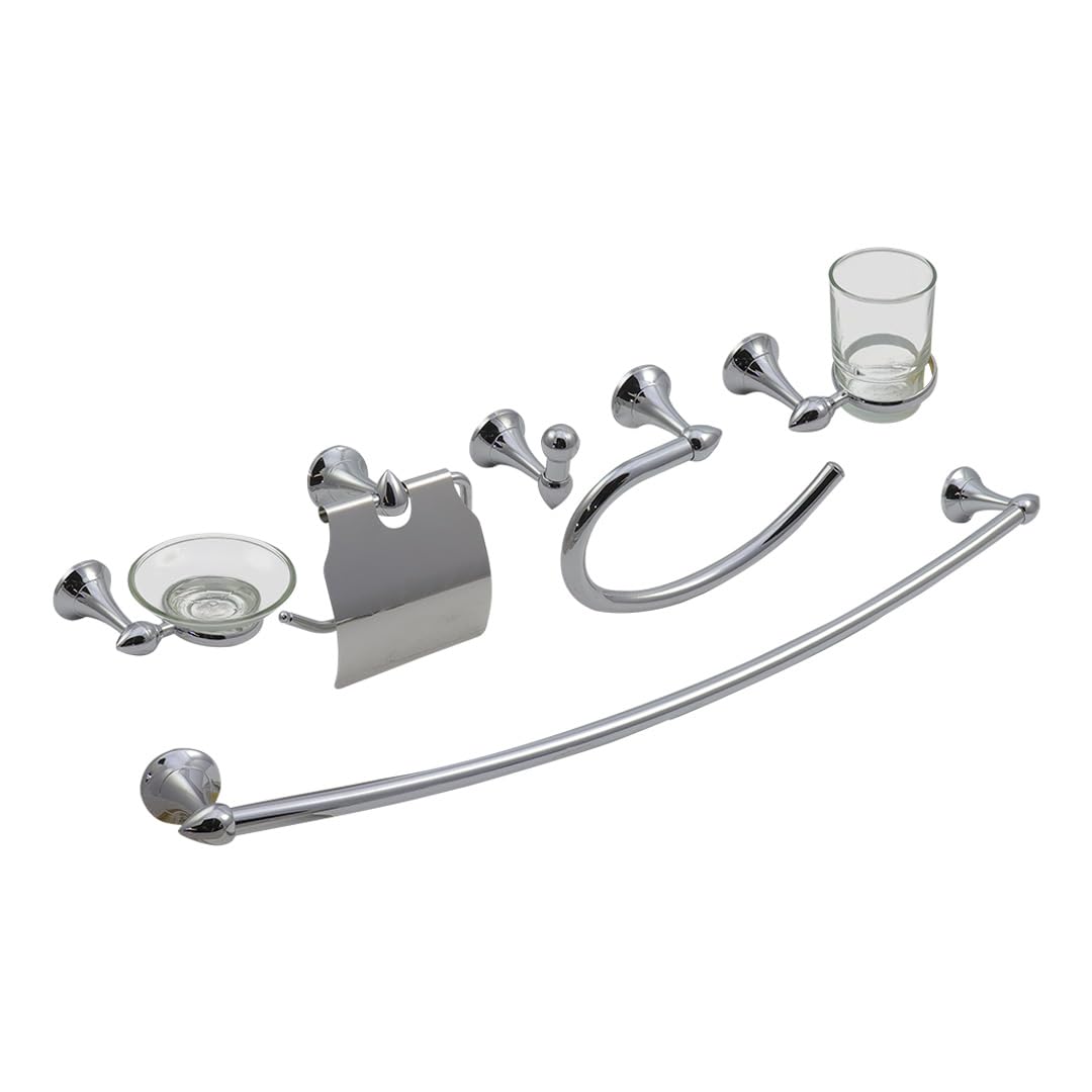 Anbec JAB8906C Juego de Accesorios para Baño 6 Piezas, Cuerpo Metálico, Incluye 1 Toallero de Barra, 1 Cepillero con Vaso, 1 Porta Rollo, 1 Jabonera con Base, 1 Toallero de Argolla, 1 Gancho, Cromado