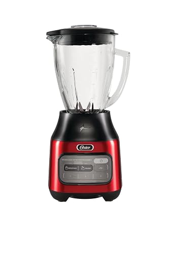 Oster Licuadora 800 W con Vaso de Vidrio de 1.5 L, 2 Programas Automáticos | 3 Velocidades + Pulso, motor reversible, acople metálico y cuchilla que tritura hielo, rojo, BLSTPEG-CRT