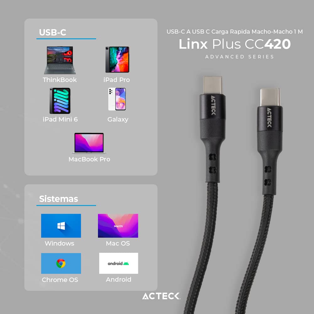 Cable USB C a USB C Linx Plus CC420 / Carga Ultra Rápida + Hasta 60W 1Mt Nylon Trenzado + Macho a Macho Negro Advanced Series