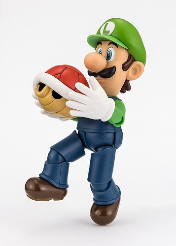 TAMASHII Nations S.H. Figuarts Super Mario Luigi Figura | 4.3 pulgadas alto, accesorio ladrillo, accesorio carcasa roja, soporte incluido