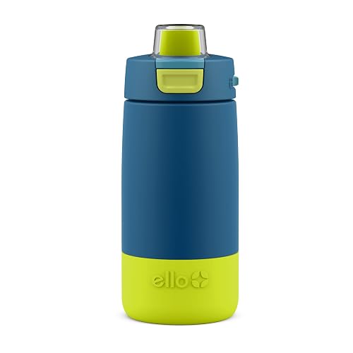 Ello Kids Colby Botella de agua aislada de acero inoxidable de 12 onzas con popote y posavasos de silicona integrados, asa de transporte y tapa de bloqueo a prueba de fugas para mochila escolar,