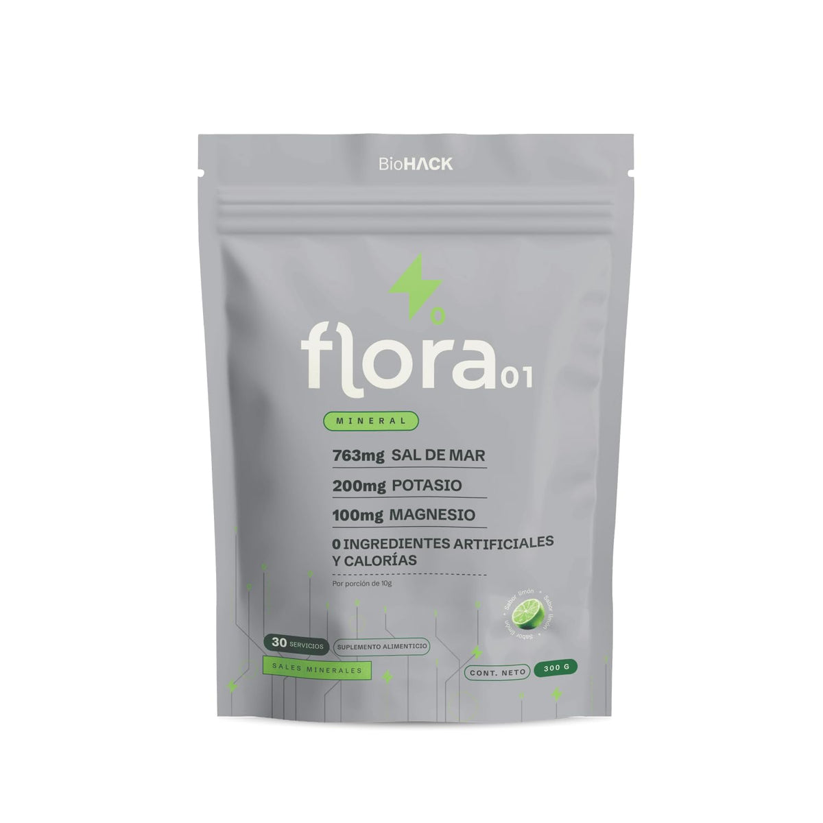 FLORA 01 | Mineral | Suplemento Alimenticio de Electrolitos Esenciales | Magnesio, Potasio y Minerales Naturales | Hidratación Diaria | Sabor Limón | 30 servicios.