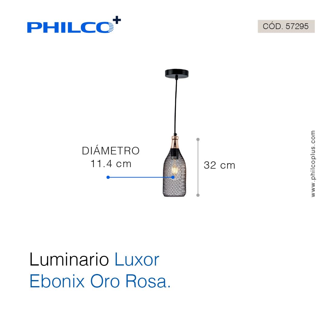 Philco Luminario Luxor Ebonix Oro Rosa. Cuerpo de metal negro y canope en oro rosa para suspender, base E26, acabado en cromo birllante, exclusivo para interiores. Cable de suspensión de 1 metro