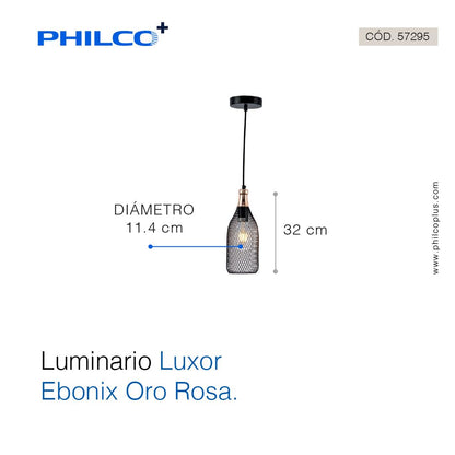 Philco Luminario Luxor Ebonix Oro Rosa. Cuerpo de metal negro y canope en oro rosa para suspender, base E26, acabado en cromo birllante, exclusivo para interiores. Cable de suspensión de 1 metro