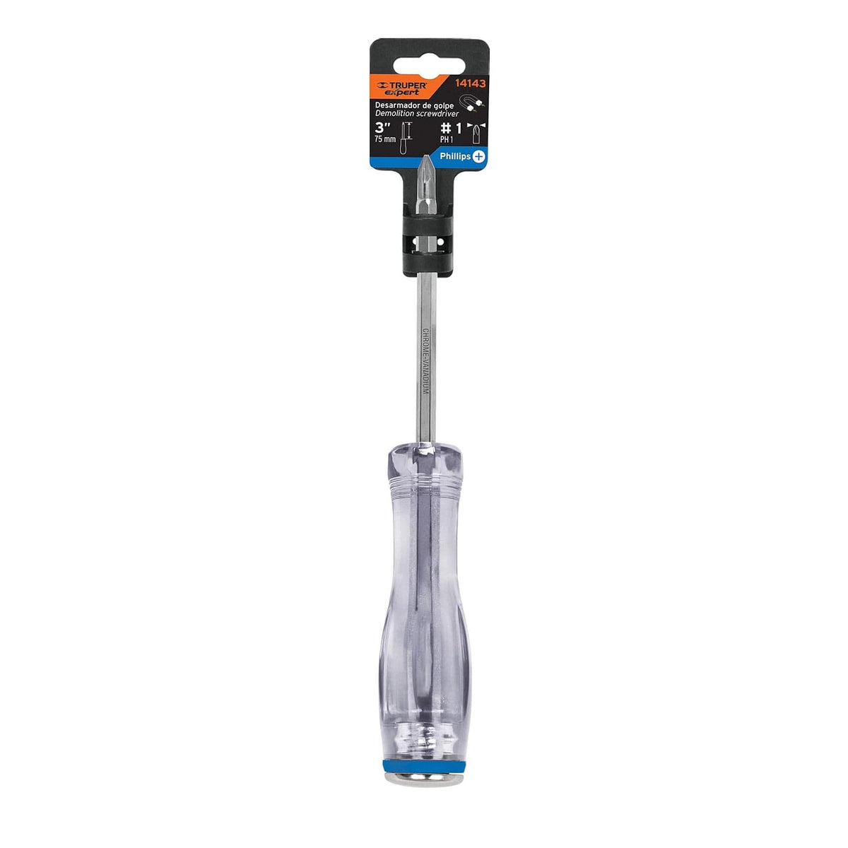 Truper GO-3/16X3C, Desarmador de cruz de golpe, barra hexagonal, 3/16" x 3"