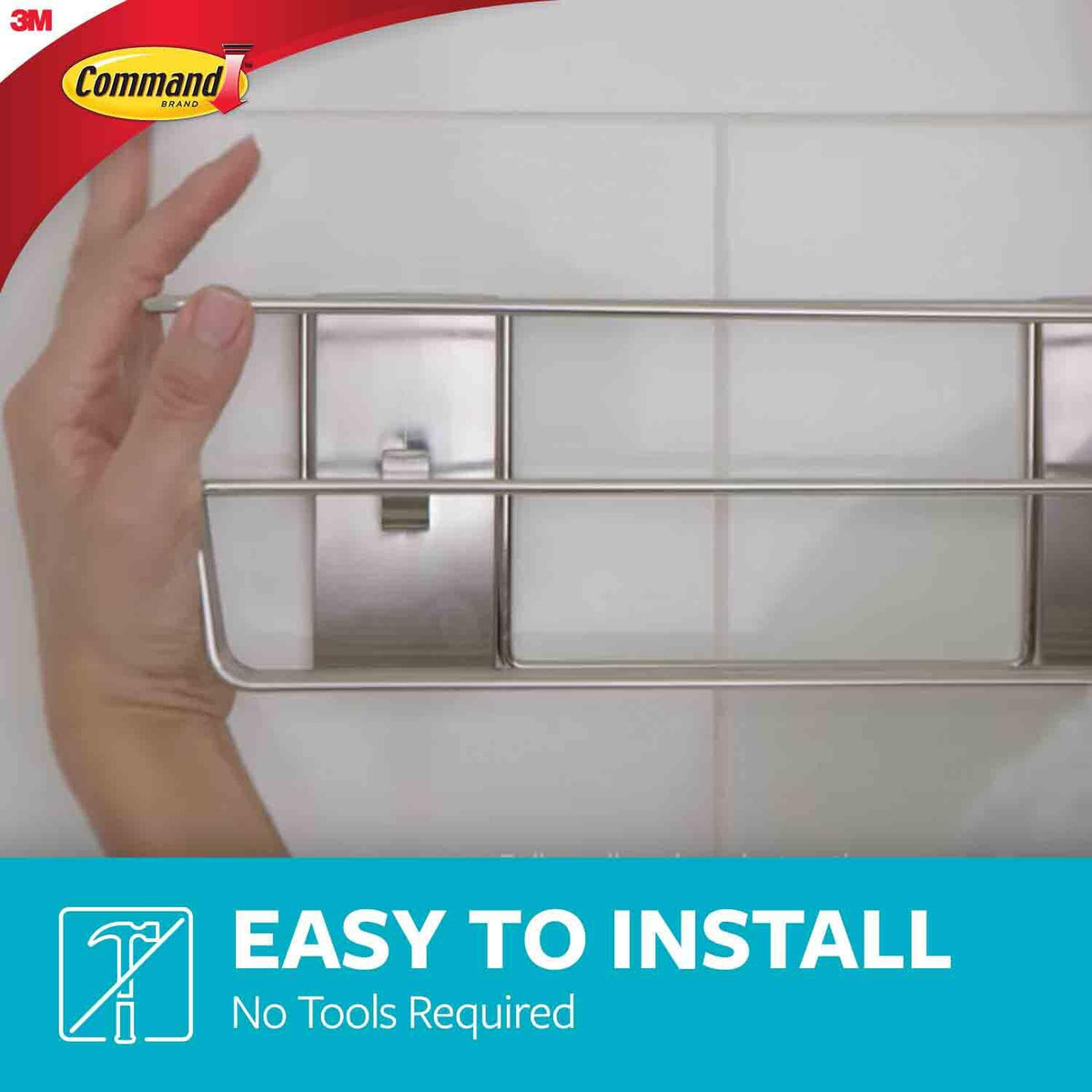 Command - Organizador de baño de níquel satinado con tiras resistentes al agua, organizador de baño, soporta hasta 6 libras