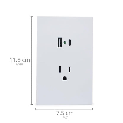 Placa Luxury APL-707 Artlite, Contacto y 2 Salidas USB (Tipo A y Tipo C), Policarbonato + Hierro Galvanizado, 15A, Color Blanco, Materiales de Alta Calidad, Skin Feel