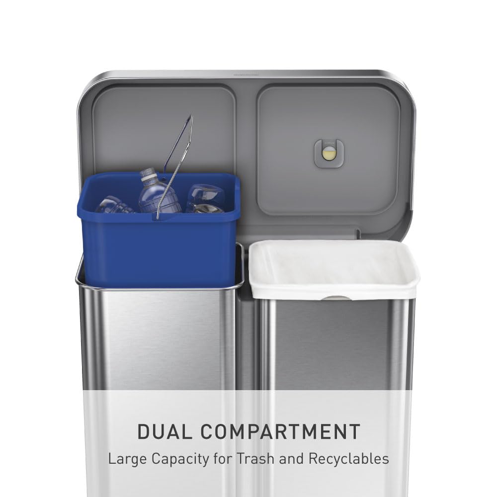 simplehuman Cubo Rectangular Doble con Pedal de Reciclaje, 58 litros/15.3 galones, Acero Inoxidable Cepillado con Tapa de plástico de Cierre Suave para Cocina