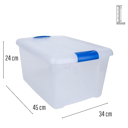 JOY - Caja de Almacenamiento Apilable, Pack de 2, para Organizador Armario, Juguetes, Ropa, con Broche y Tapa Duradera, 24 Litros de Capacidad, Plástico Libre de BPA, Transparente