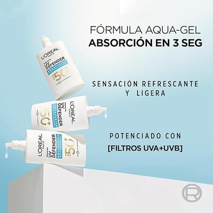 L'Oréal Paris UV Defender Aquafusion Protector Solar Diario FPS50+, Protector Solar Aqua-Gel, Previene Manchas Solares y Arrugas, Absorción Rápida en 3 Segundos, 50ml.