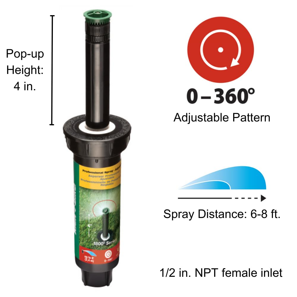 Rain Bird 1804VAN - Rociador emergente profesional, patrón ajustable de 0° a 360°, distancia de pulverización de 8 pies a 15 pies, altura desplegable de 4 pulgadas