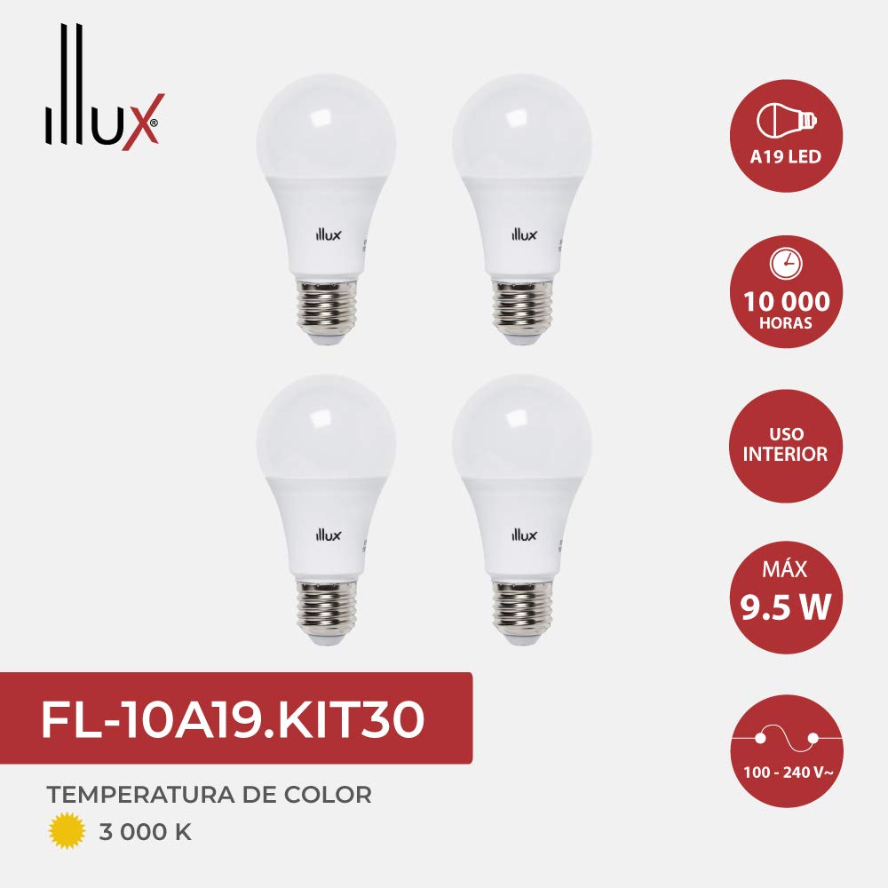 ILLUX 4 Piezas Focos LED Base E26 Luz Cálida 3000K 9W 800 lm Paquete FL-10A19.KIT30