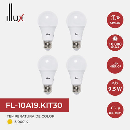 ILLUX 4 Piezas Focos LED Base E26 Luz Cálida 3000K 9W 800 lm Paquete FL-10A19.KIT30