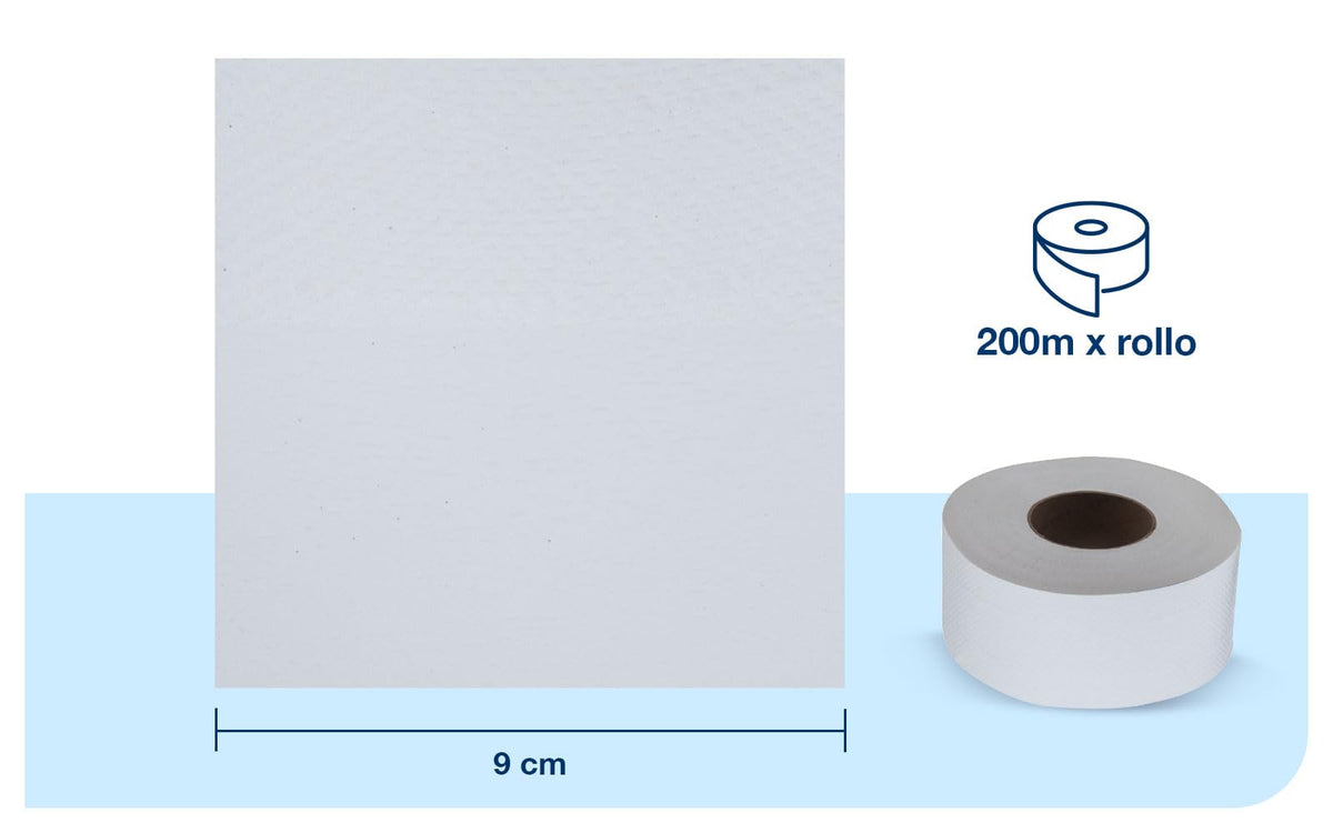 Tork Papel Higiénico en Bobina 12 Rollos x 200 m – Papel para Baño Dispensación Continua 2 Capas Hoja Doble, 9 cm, para Baños de Alto Tráfico Institucional – Color Blanco