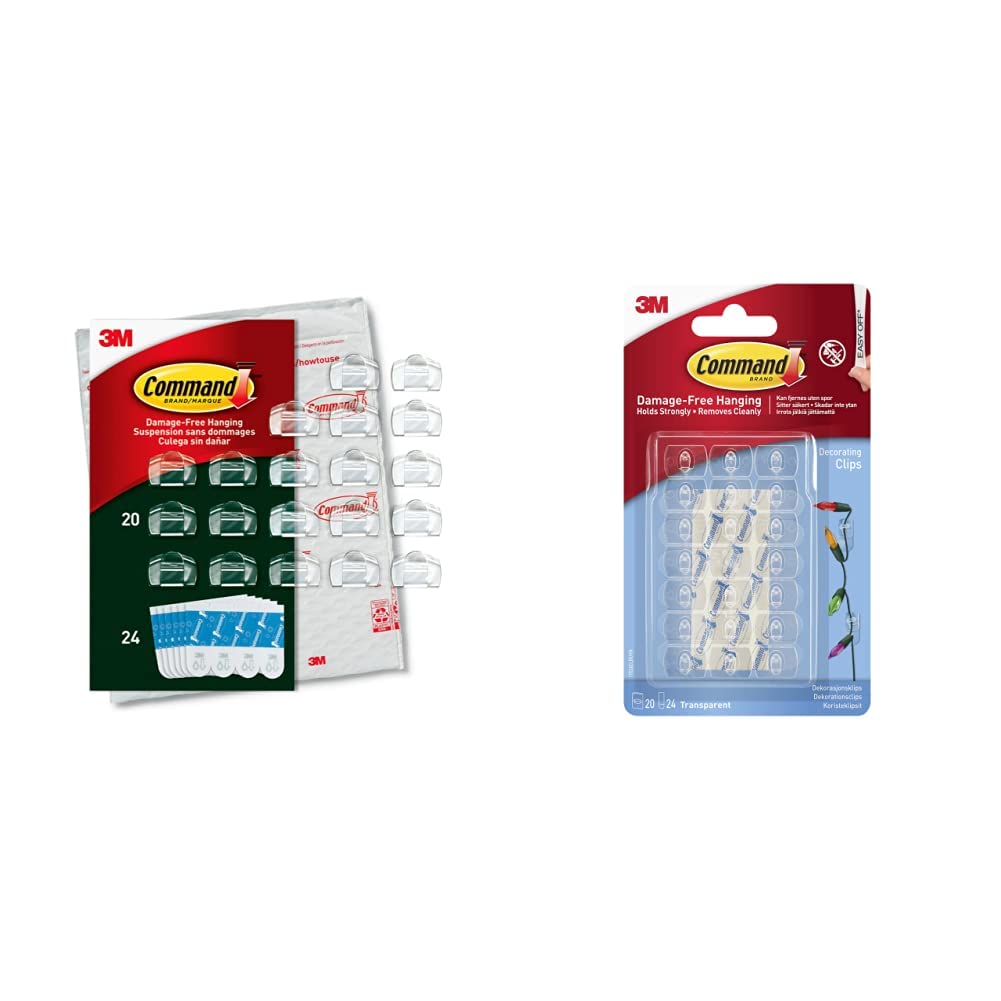 Command Clips de luz para exteriores, transparentes, 20 clips, 24 tiras, decoran sin daños + 3M Command Ganchos Decorativos, Mini, Transparentes (Modelo 17026CLR)