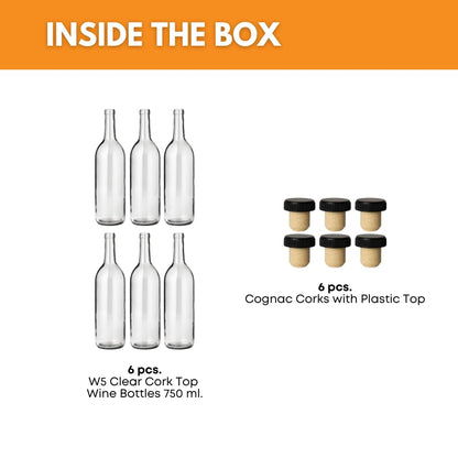 FastRack - Botellas de vino transparentes de 750 ml con 6 corchos de coñac con tapas de plástico (paquete de 6) botellas de color burdeo/parte superior de corcho de fondo plano | Ideal para