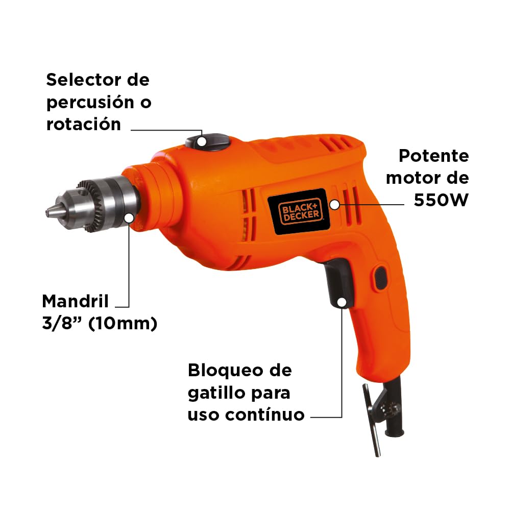 BLACK+DECKER Taladro Rotomartillo 3/8” (10mm), 550W, 2900 RPM, TB550