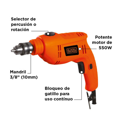 BLACK+DECKER Taladro Rotomartillo 3/8” (10mm), 550W, 2900 RPM, TB550