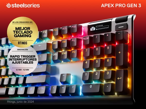 SteelSeries Apex Pro Gen 3 OmniPoint 3.0 Interruptores hipermagnéticos — Actuación Ajustable — Disparador rápido — Presets listos para el Juego — Modo de protección — Tap/SOCD — OLED — RGB — Teclas