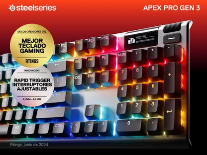 SteelSeries Apex Pro Gen 3 OmniPoint 3.0 Interruptores hipermagnéticos — Actuación Ajustable — Disparador rápido — Presets listos para el Juego — Modo de protección — Tap/SOCD — OLED — RGB — Teclas