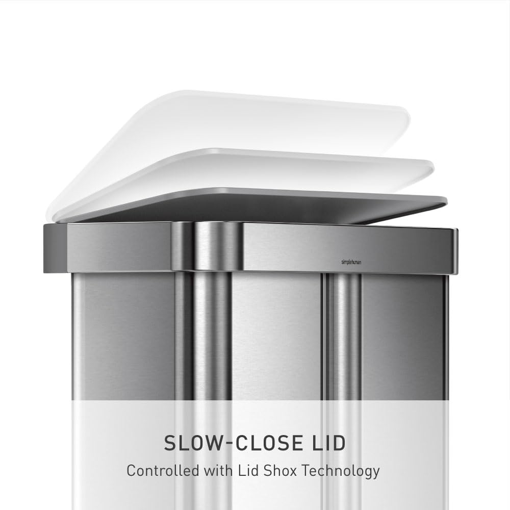 simplehuman Cubo Rectangular Doble con Pedal de Reciclaje, 58 litros/15.3 galones, Acero Inoxidable Cepillado con Tapa de plástico de Cierre Suave para Cocina
