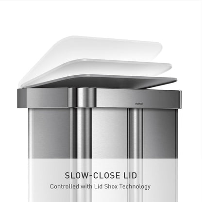 simplehuman Cubo Rectangular Doble con Pedal de Reciclaje, 58 litros/15.3 galones, Acero Inoxidable Cepillado con Tapa de plástico de Cierre Suave para Cocina