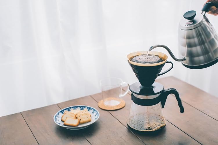 Hario V60 Pour Over Starter Set with Dripper, Glass Server, Scoop and Filters, Size 02, Brown