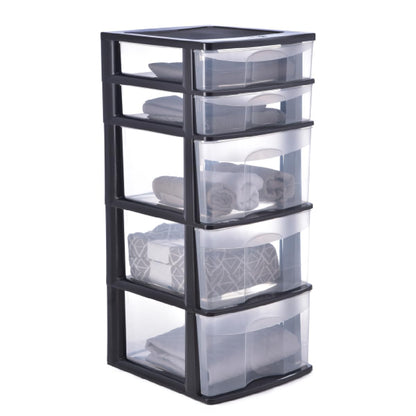 Italhome Cajonera FOX 5 de Plástico 5 Cajones Transparentes, Organizador Multiusos para Hogar y Oficina, Mueble Resistente Fácil Armado, Color Negro