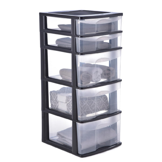 Italhome Cajonera FOX 5 de Plástico 5 Cajones Transparentes, Organizador Multiusos para Hogar y Oficina, Mueble Resistente Fácil Armado, Color Negro