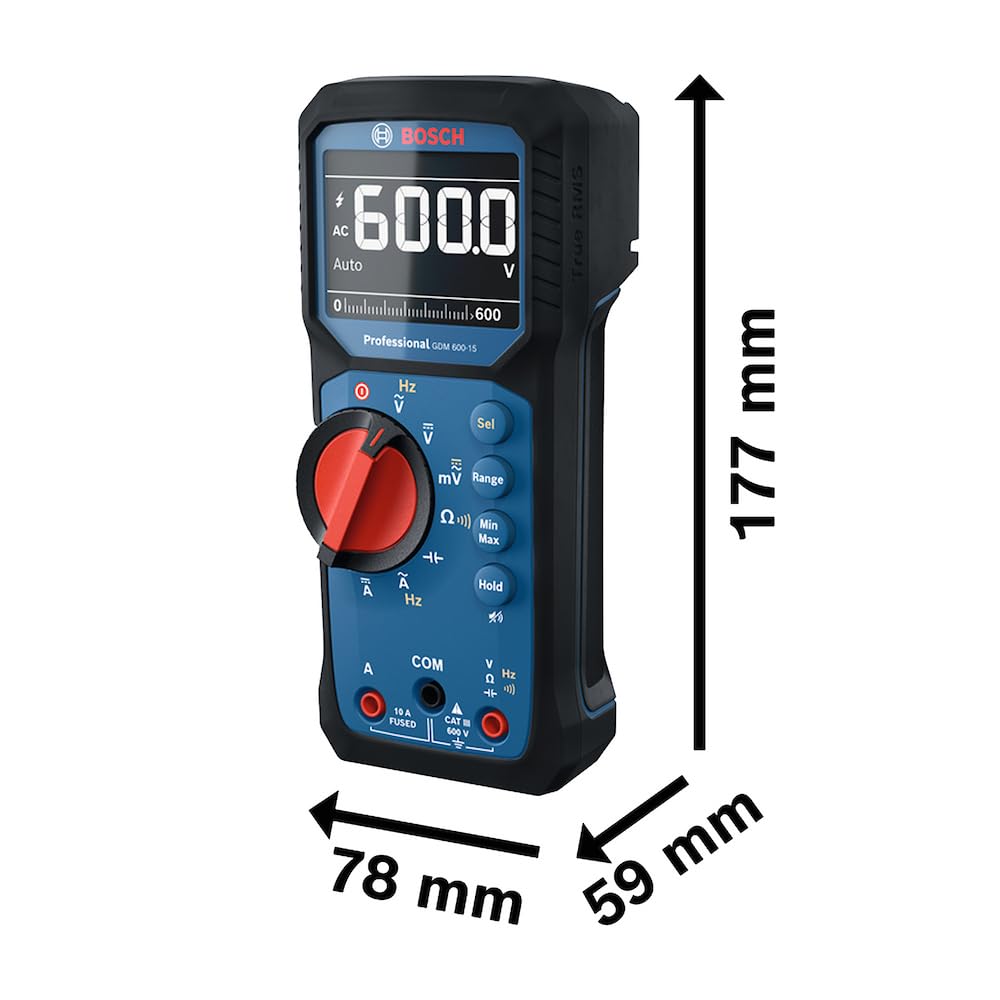 Multímetro Bosch GDM 600-15 | True RMS, LCD invertido, mide frecuencia/continuidad/resistencia/capacitancia, mín./máx/promedio, cables de prueba MS 90