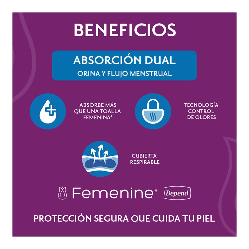Depend Femenine Toalla Maxi para incontinencia, Caja con 18 Paquetes de 8 Piezas (144 Piezas). Ideal para goteo abundante. Absorción dual: absorbe orina y flujo menstrual. Con Tecnología Ultra Absorb®