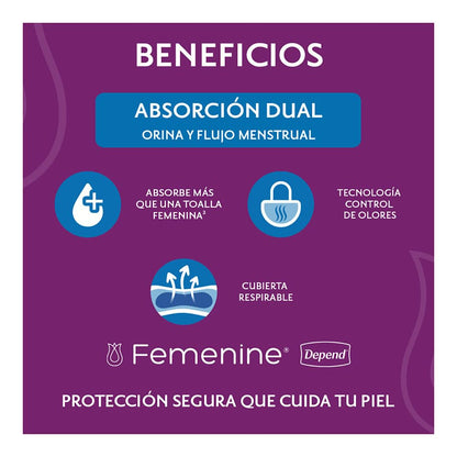 Depend Femenine Toalla Maxi para incontinencia, Caja con 18 Paquetes de 8 Piezas (144 Piezas). Ideal para goteo abundante. Absorción dual: absorbe orina y flujo menstrual. Con Tecnología Ultra Absorb®